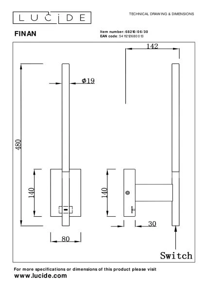 Lucide FINAN - Wandleuchte - LED - 1x6W 2700K - Mit USB-Ladepunkt - Schwarz - technisch